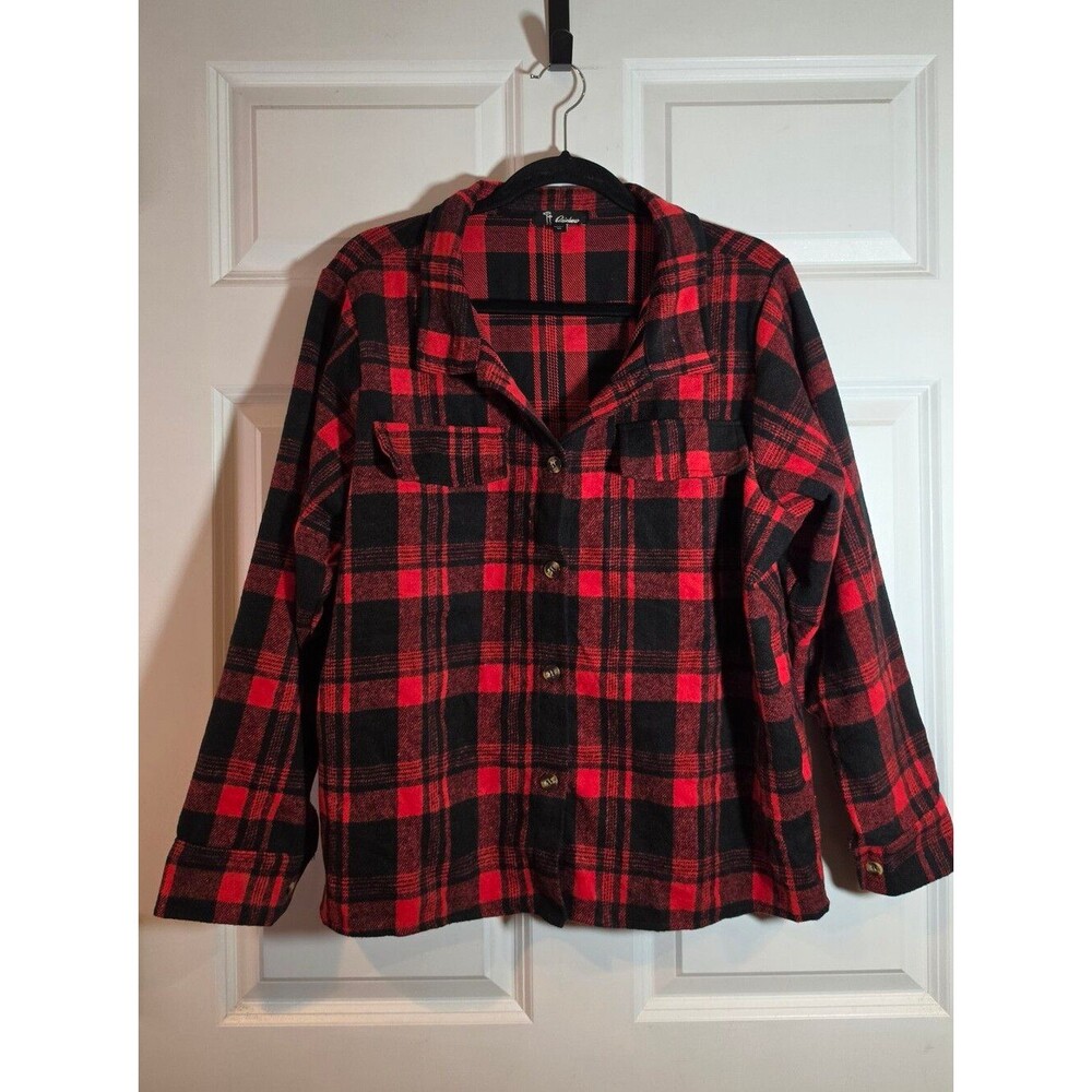 Rainbow Brand Soft Red and Black Plaid Button-Up Flannel Shirt Jacket 1X